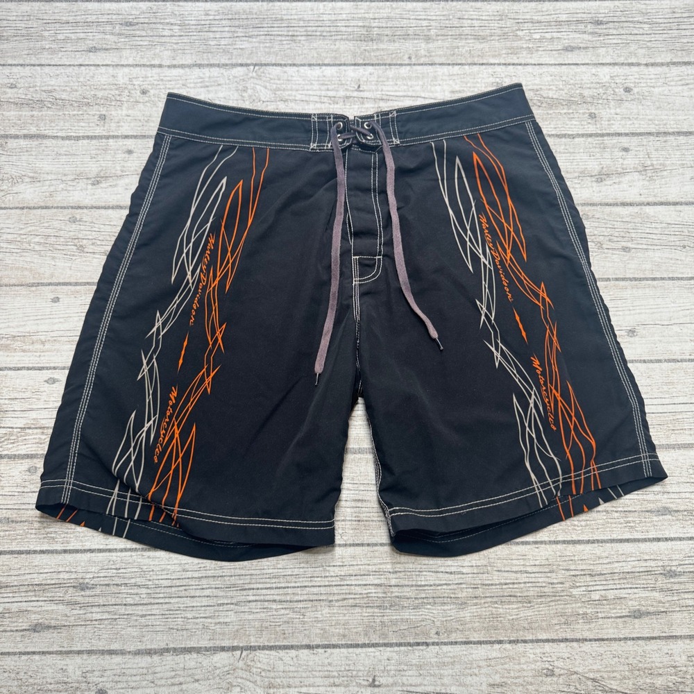 Harley Davidson Board Shorts Men's XL Black Orange Flame Athleisure Swim Trunks